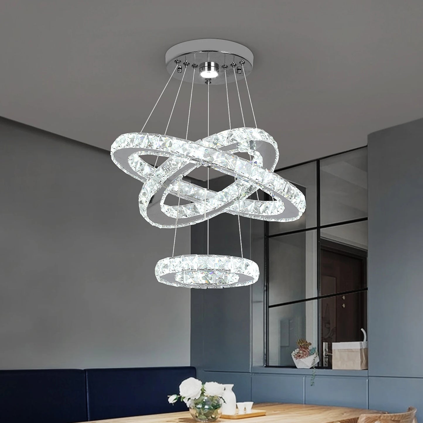 GreeLustr Modern Pendant Chandelier With Crystal Rings LED Ceiling Light