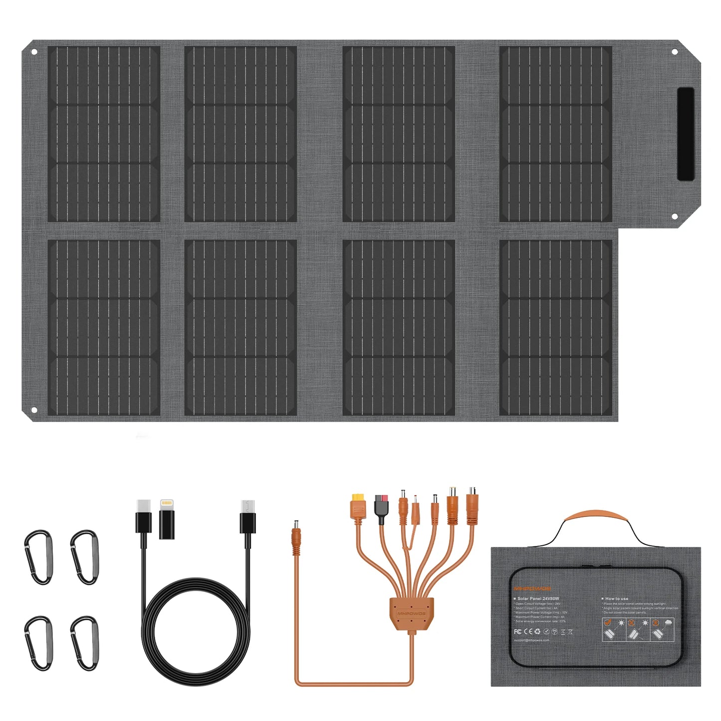 MHPOWOS 80W Foldable Solar Panel Portable Power Bank 4 Ports USB C USB A 7 In 1