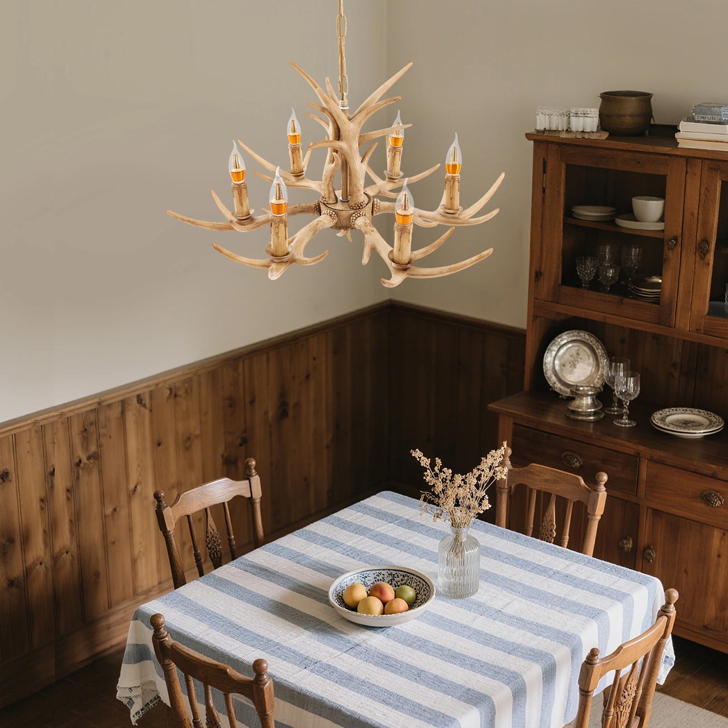 Adjustable Antler Chandelier Wood Pendant Light For Dining Rooms