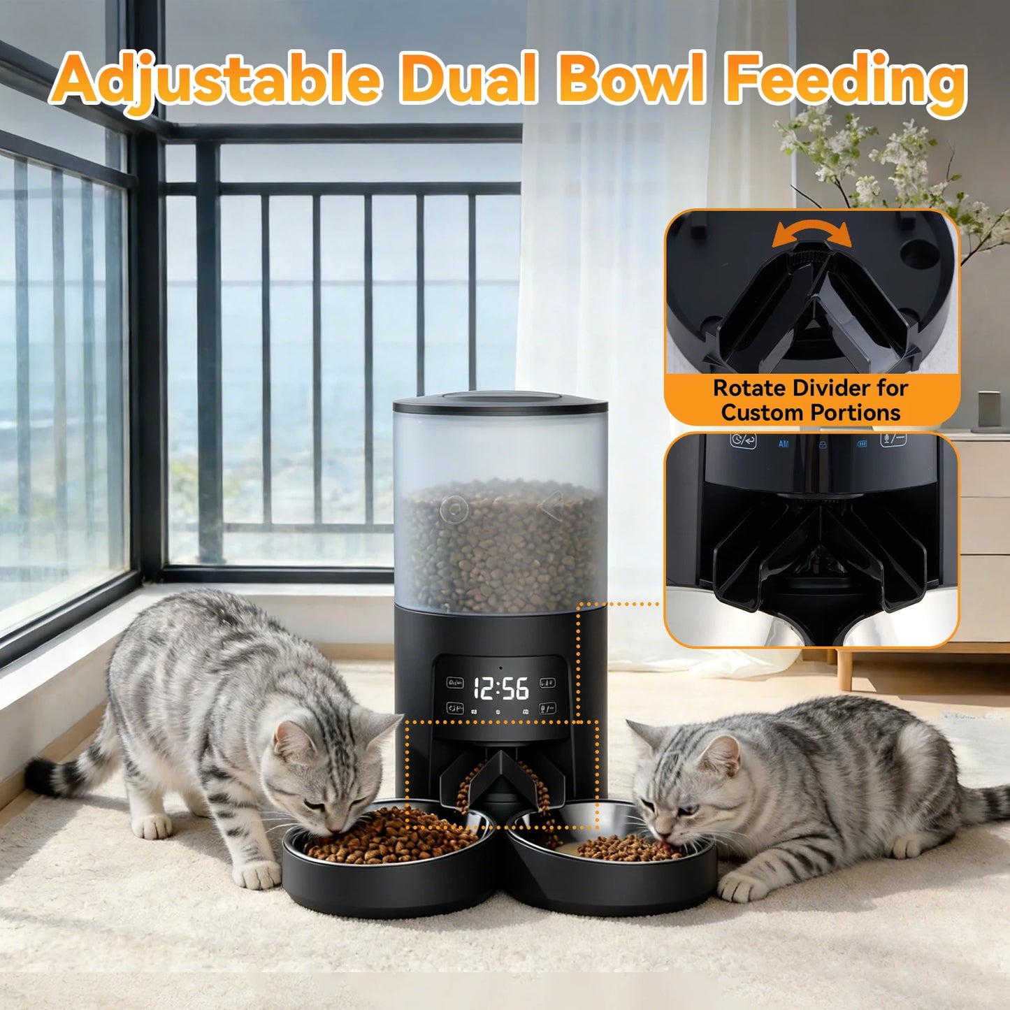Automatic Cat Feeder With Dual Bowls Timed Dispenser