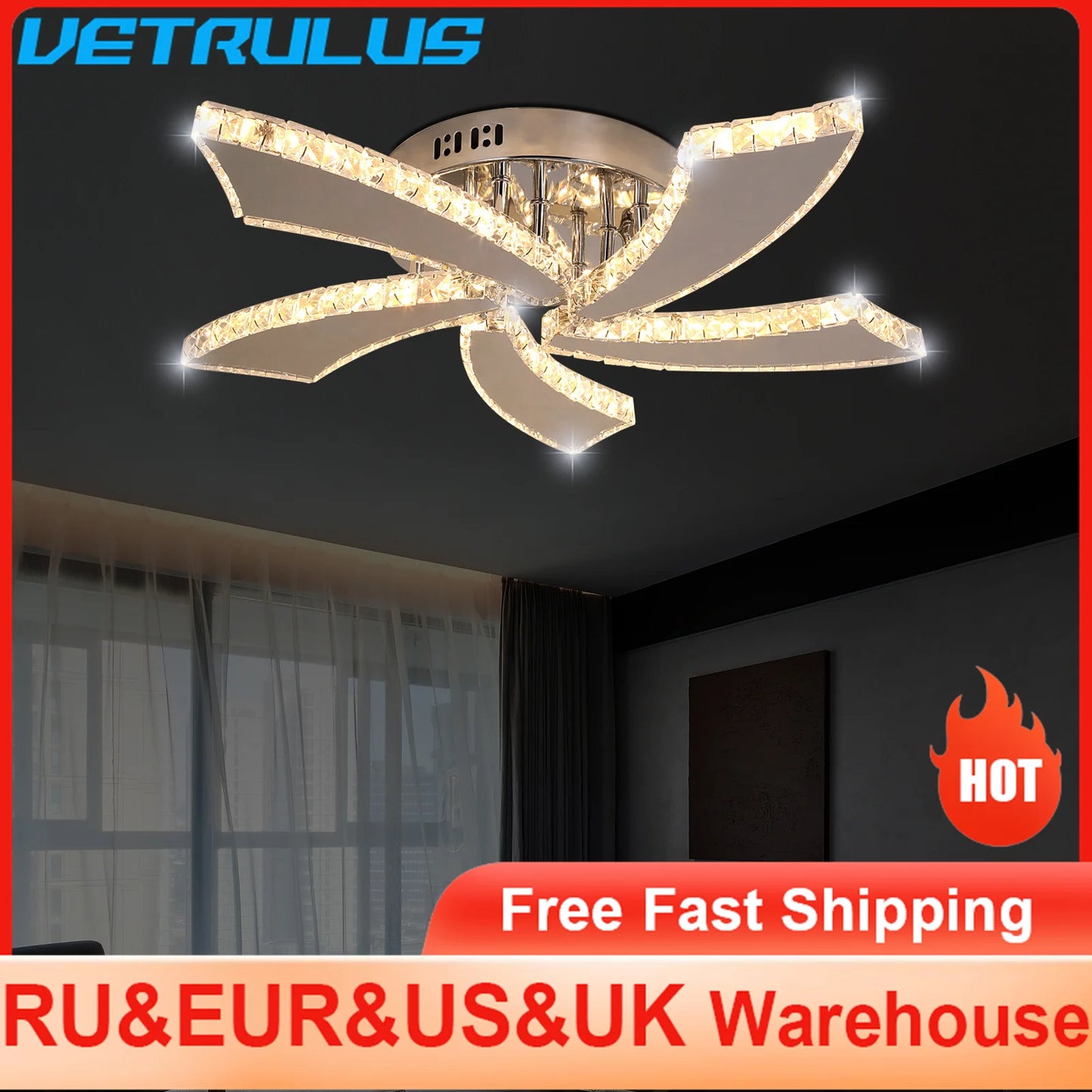 VETRULUS Modern Crystal Chandelier Ceiling Fan With LED Lamp