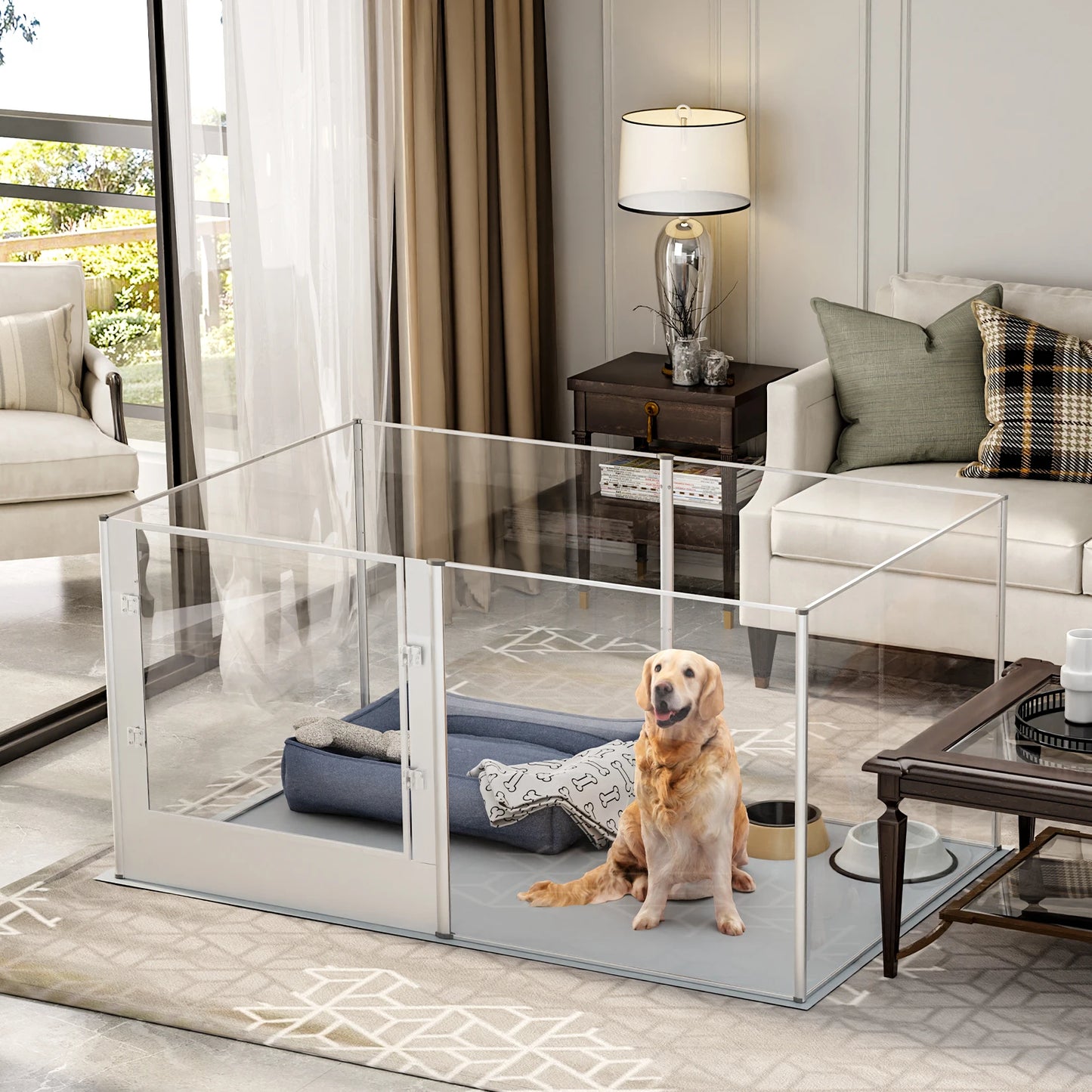 BINGOPAW Heavy Duty Acrylic Dog Playpen Fence With Waterproof Mat