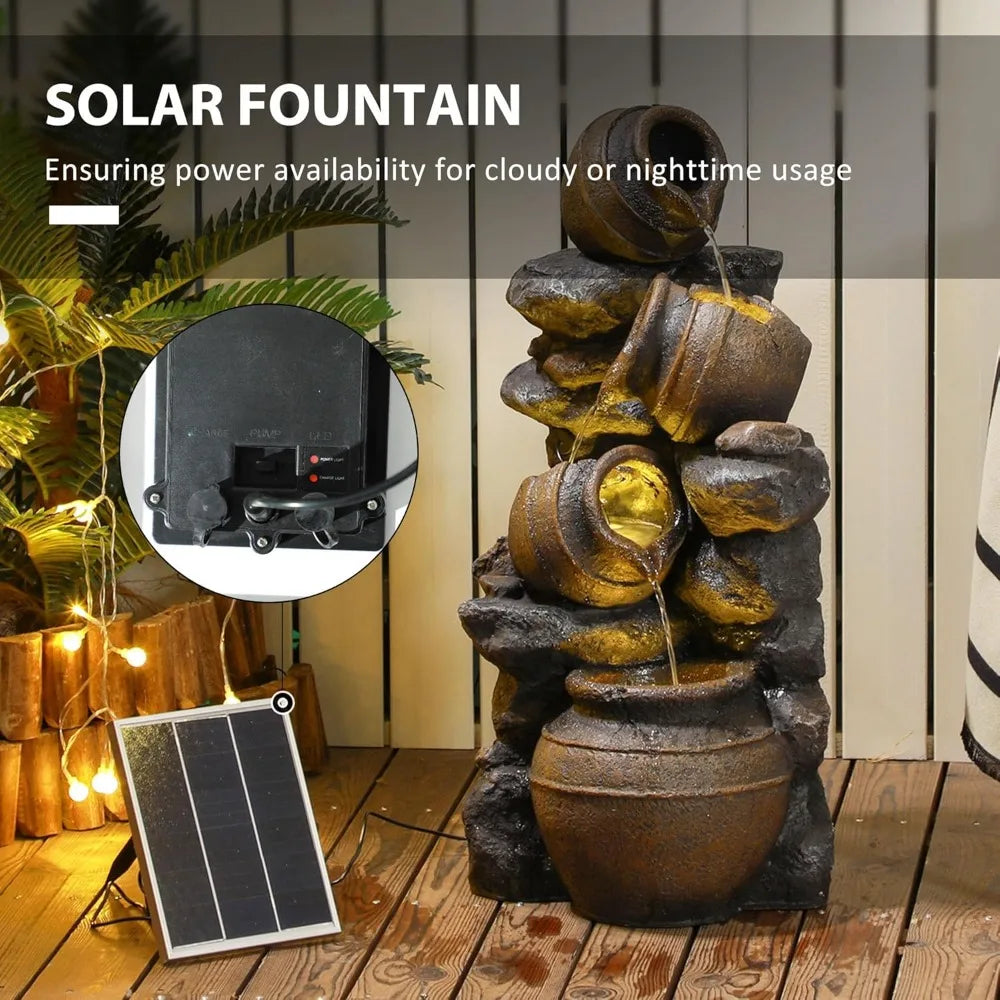 MHSTAR Solar Powered Outdoor Water Fountain Four-Tier Cascading Jars