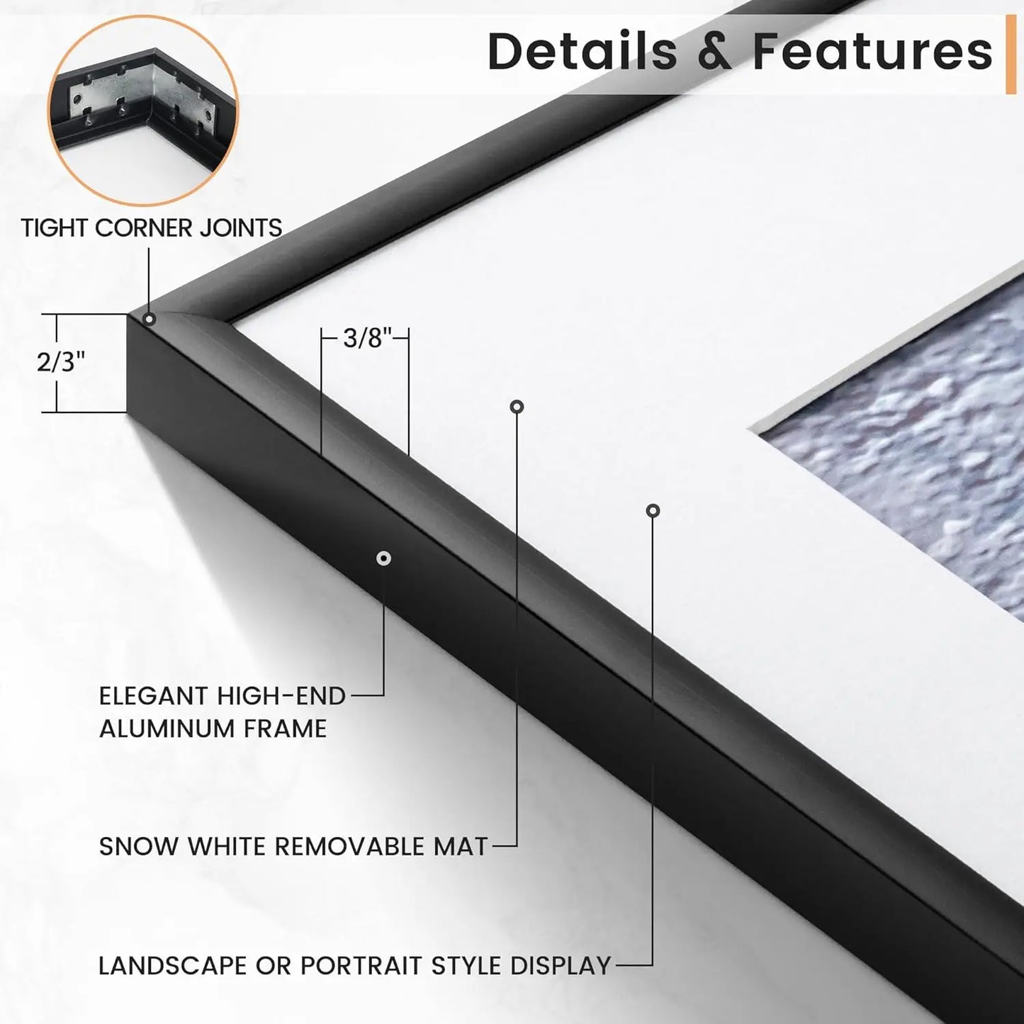 Modern Aluminum Picture Frames Set, 3 Pieces, With Mat