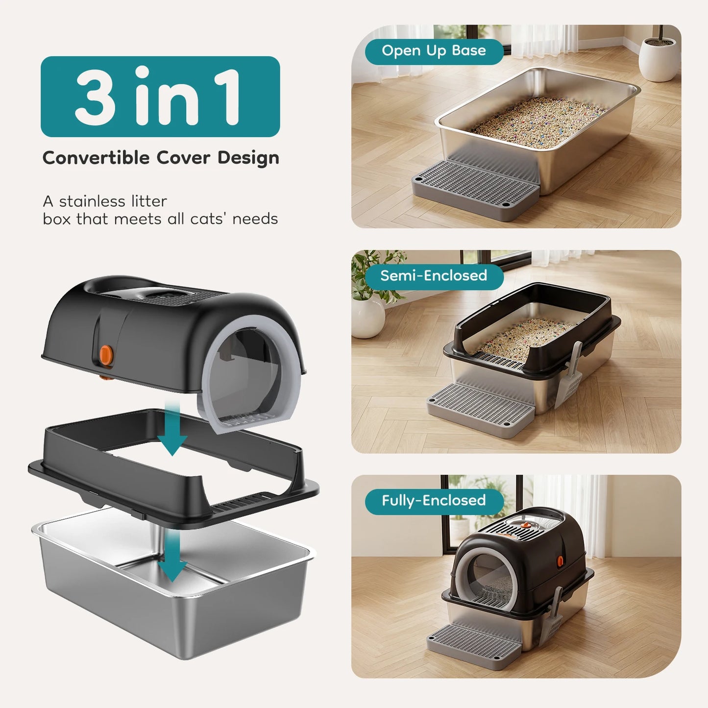 Stainless Steel Fully Enclosed Cat Litter Box For Large Cats