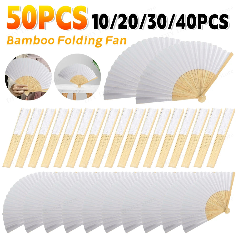 1-50PCS White Hand Folding Fan Graffitable Bamboo Folding Fan Portable Chinese Fan for church wedding gifts party Room Decor