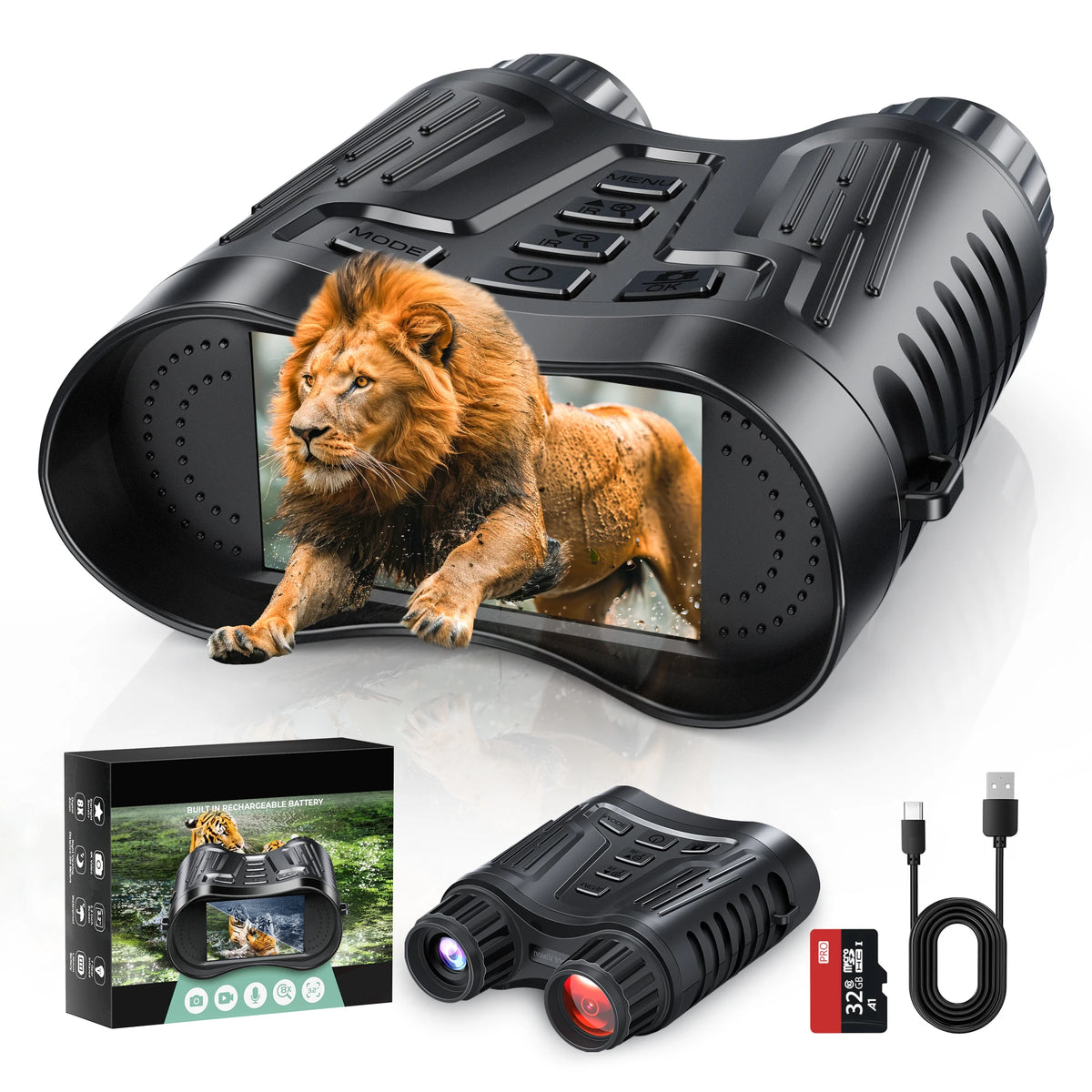 Rechargeable NightVision Telescope 4K UHD Infrared Telescope Camera Binocular Telescope 8X Zoom 300M for Hunting Camping Boating