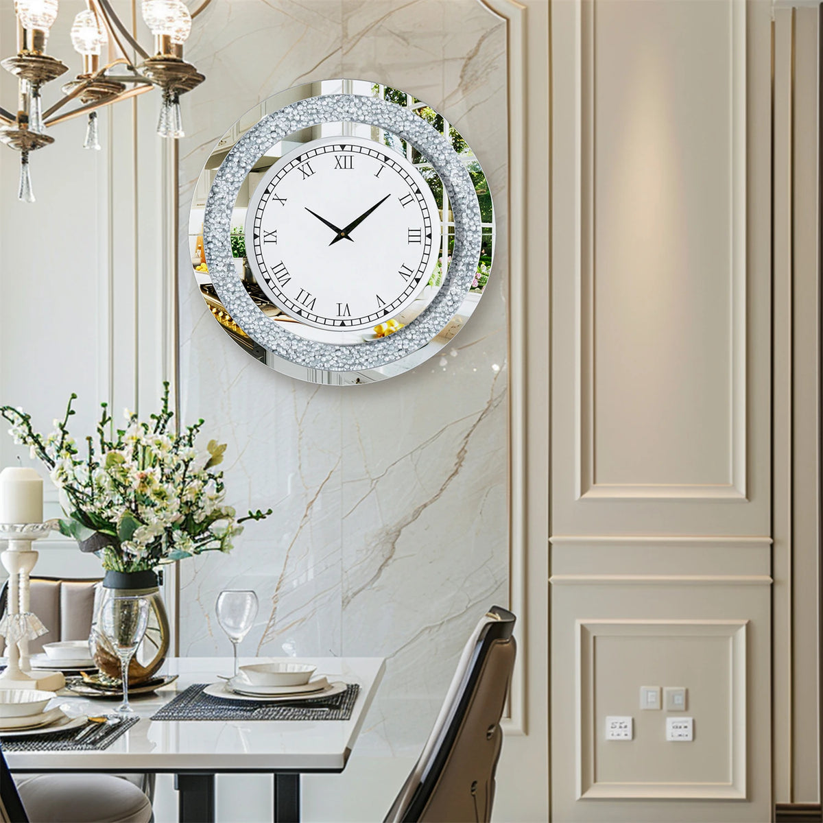 Crystal Sparkle Mirror Wall Clock With Quiet Alarm Feature