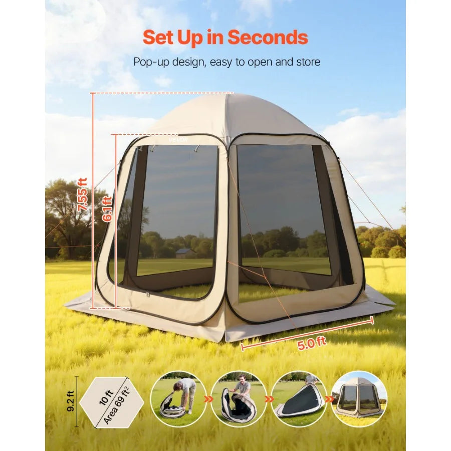 Screen House Tent 10 x 9.2 ft Beige 4-8 Person Pop Up Screened Canopy with Netting Sides Ground Stakes Carry Bag for Garden Pat