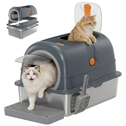 JHK Stainless Steel Cat Litter Box Fully Enclosed For Large Cats Scoop Included