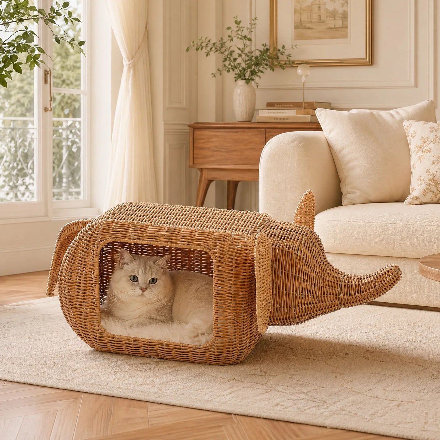 PEQULTI Elephant Rattan Cat Condo Bed Plush Cushioned