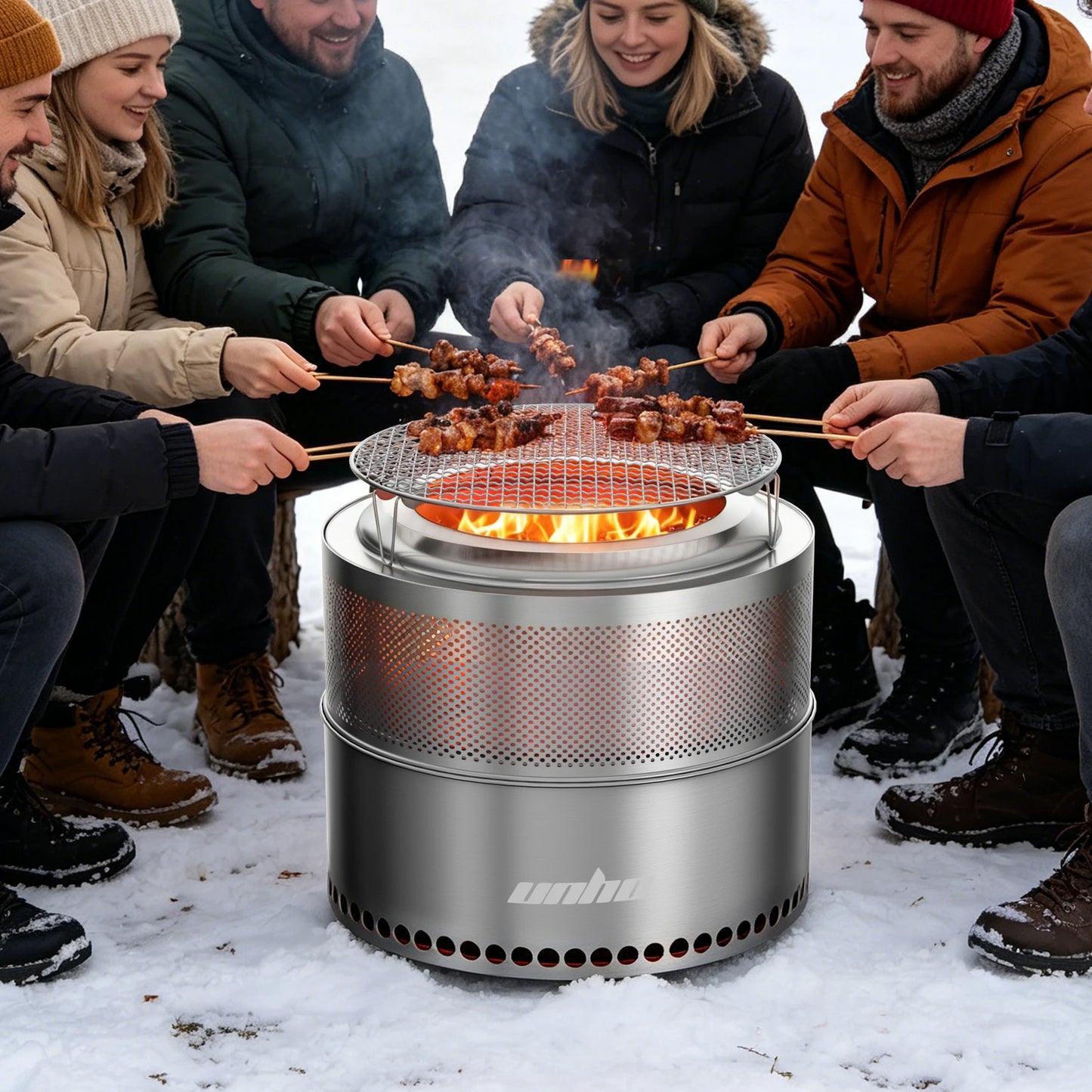 UNHO 19-inch Smokeless Fire Pit, Used for Outdoor Wood Burning, Portable 304 Stainless Steel Camping Stove, Perforated Fireplace, Suitable for Outdoor Heating, Hunting, Barbecue and Ice Fishing.