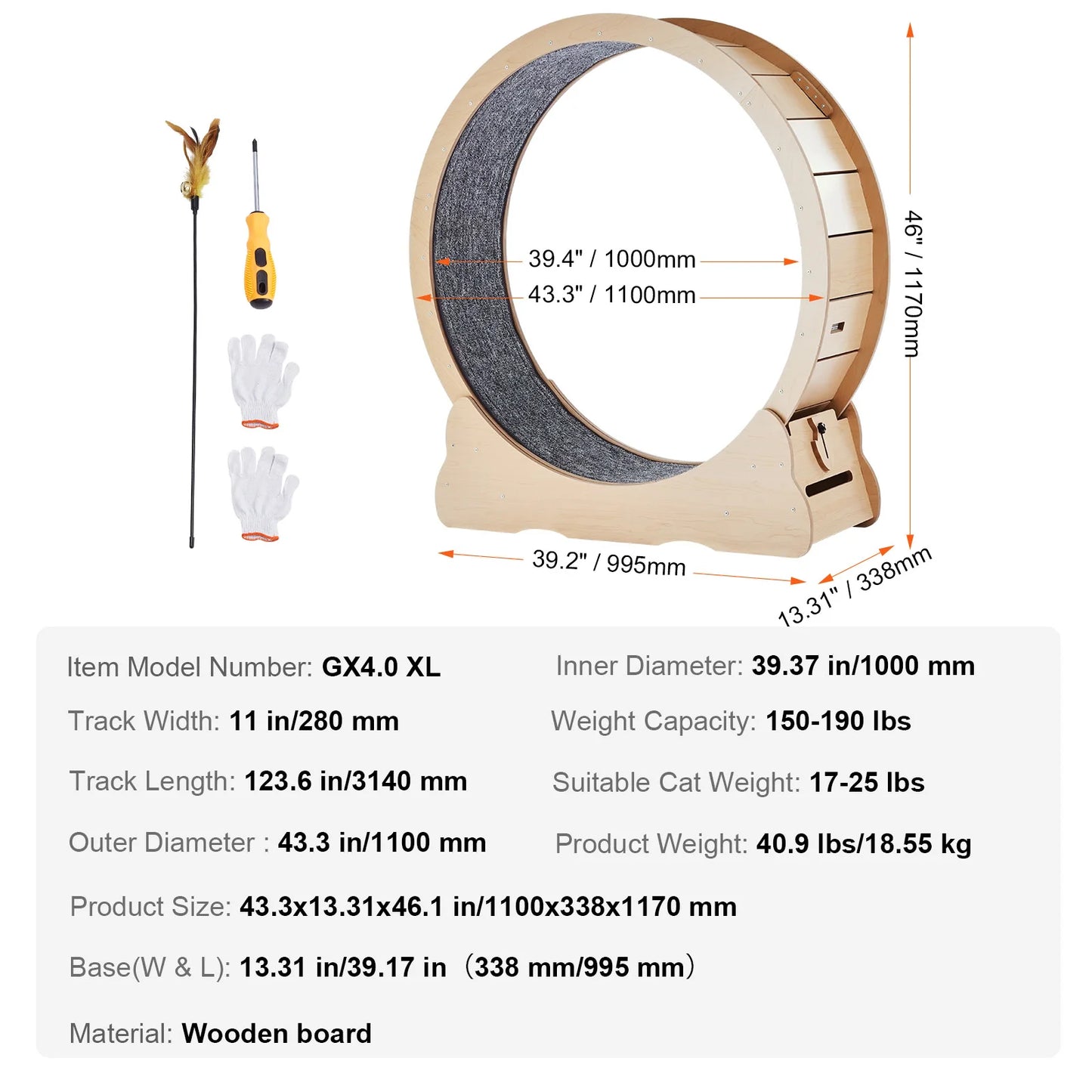Wooden Cat Exercise Wheel Large Indoor Treadmill With Detachable Carpet