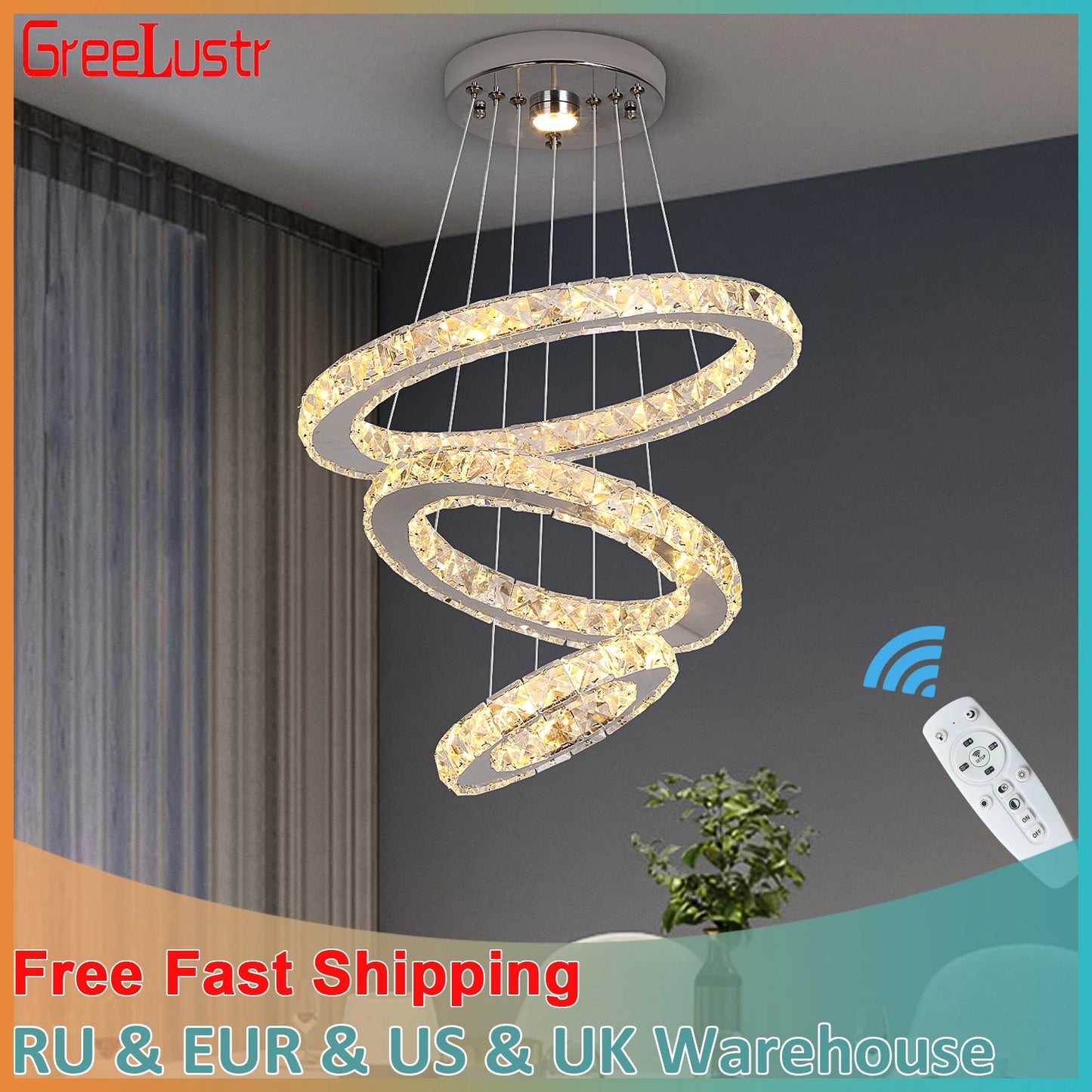 GreeLustr Modern Pendant Chandelier With Crystal Rings LED Ceiling Light