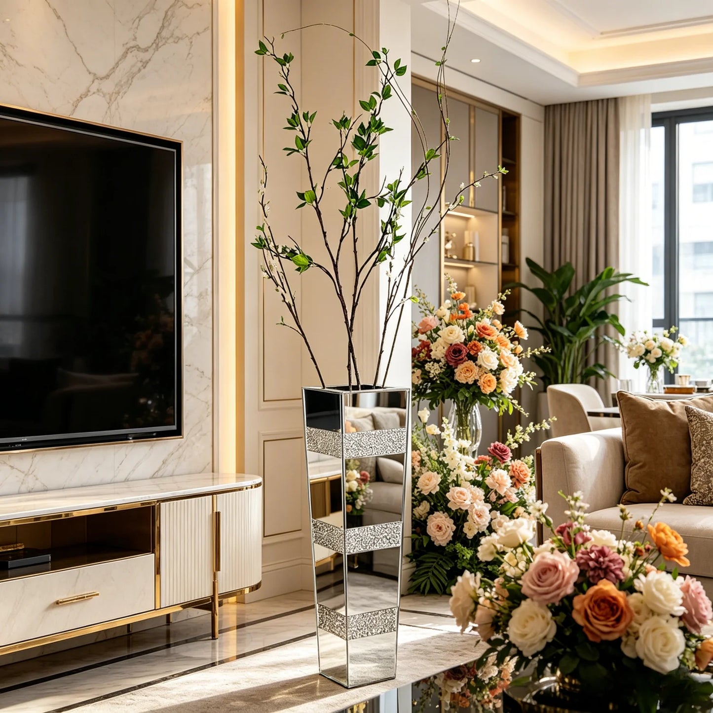 Various Styles Floor Crushed Diamond Mirrored Vase Large Silver Mirror Tall Vases Glass Vases Home Decor for Living Room Bedroom