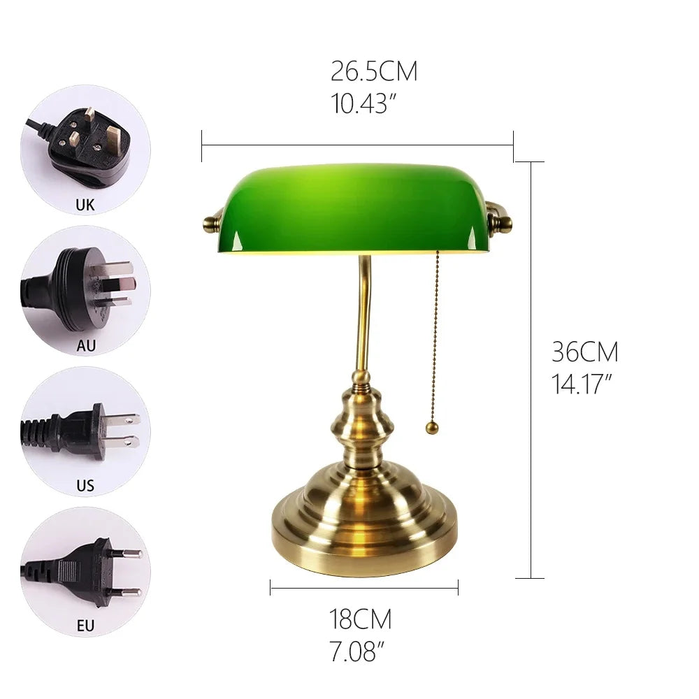 Green Glass Banker Lamp With Chain Switch E27/E26 Desk Lamp
