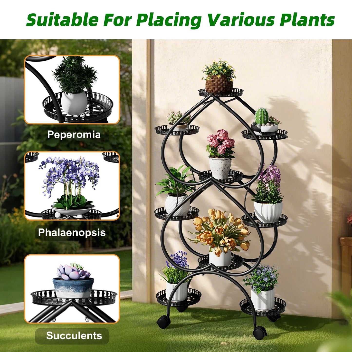 9-Potted Metal Tall Plant Stand with Wheels Flower Pot Display Shelf Rack Holder for Balcony, Backyard, Garden