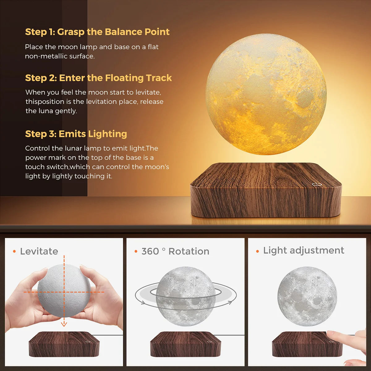 Mexllex Magnetic Moon Lamp With Wooden Base LED Night Light
