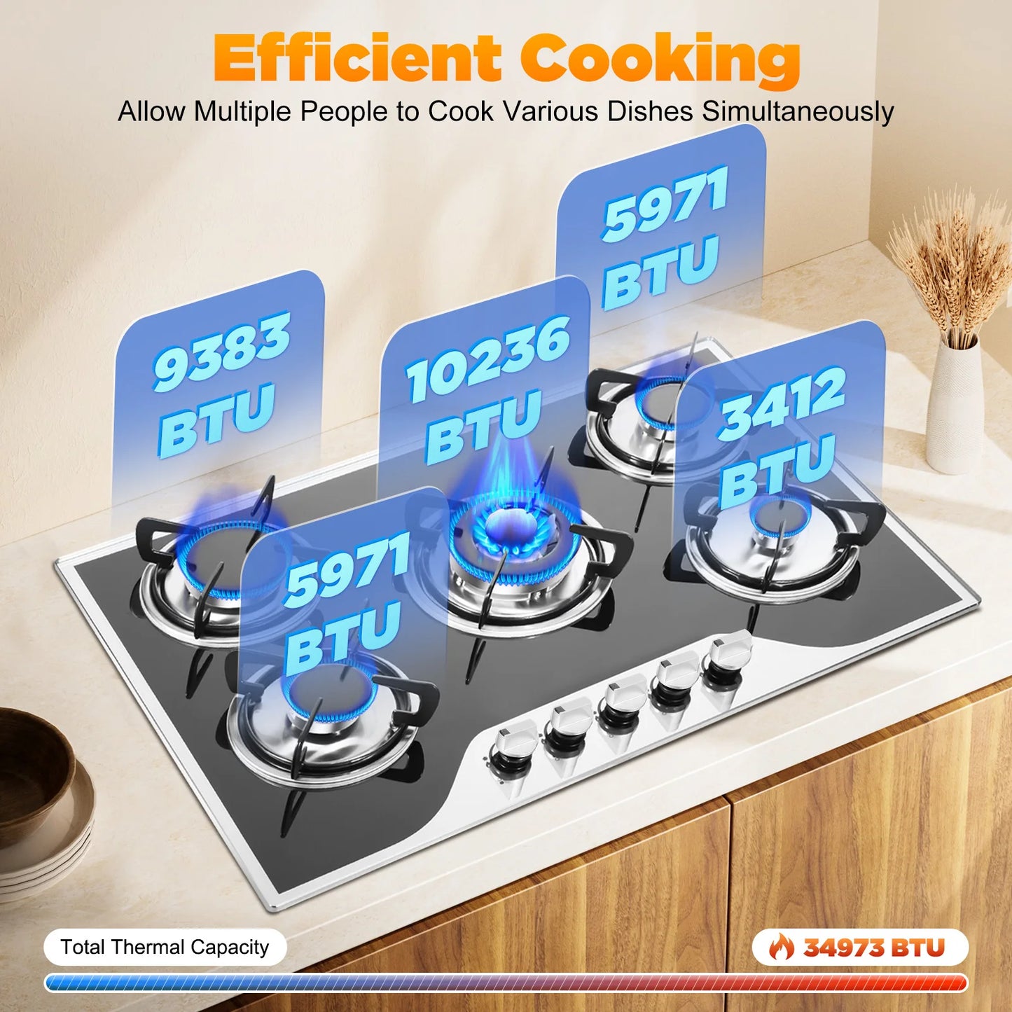 5 Burner Built In Gas Cooktop Glass Top
