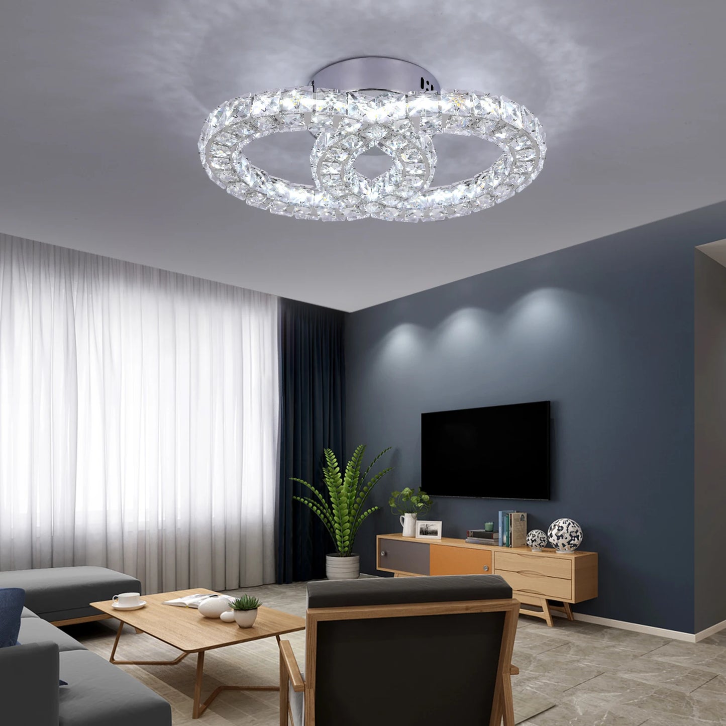 GreeLustr Crystal LED Ceiling Light 3 Side Chandeliers For Living Room