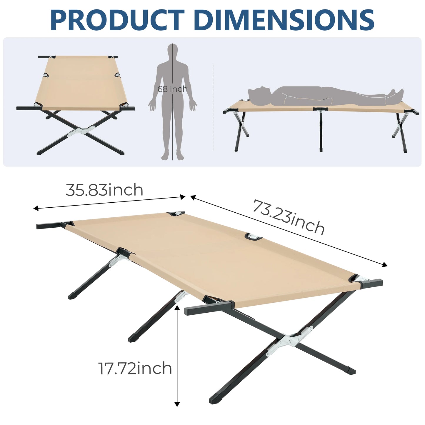 JHK Portable Folding Camping Marching Bed  300 LBS Capacity Collapsible Camping Cot Lounge Chair 73" x 36" Sleeping Cot Sturdy Frame for Outdoor Makeshift Bed