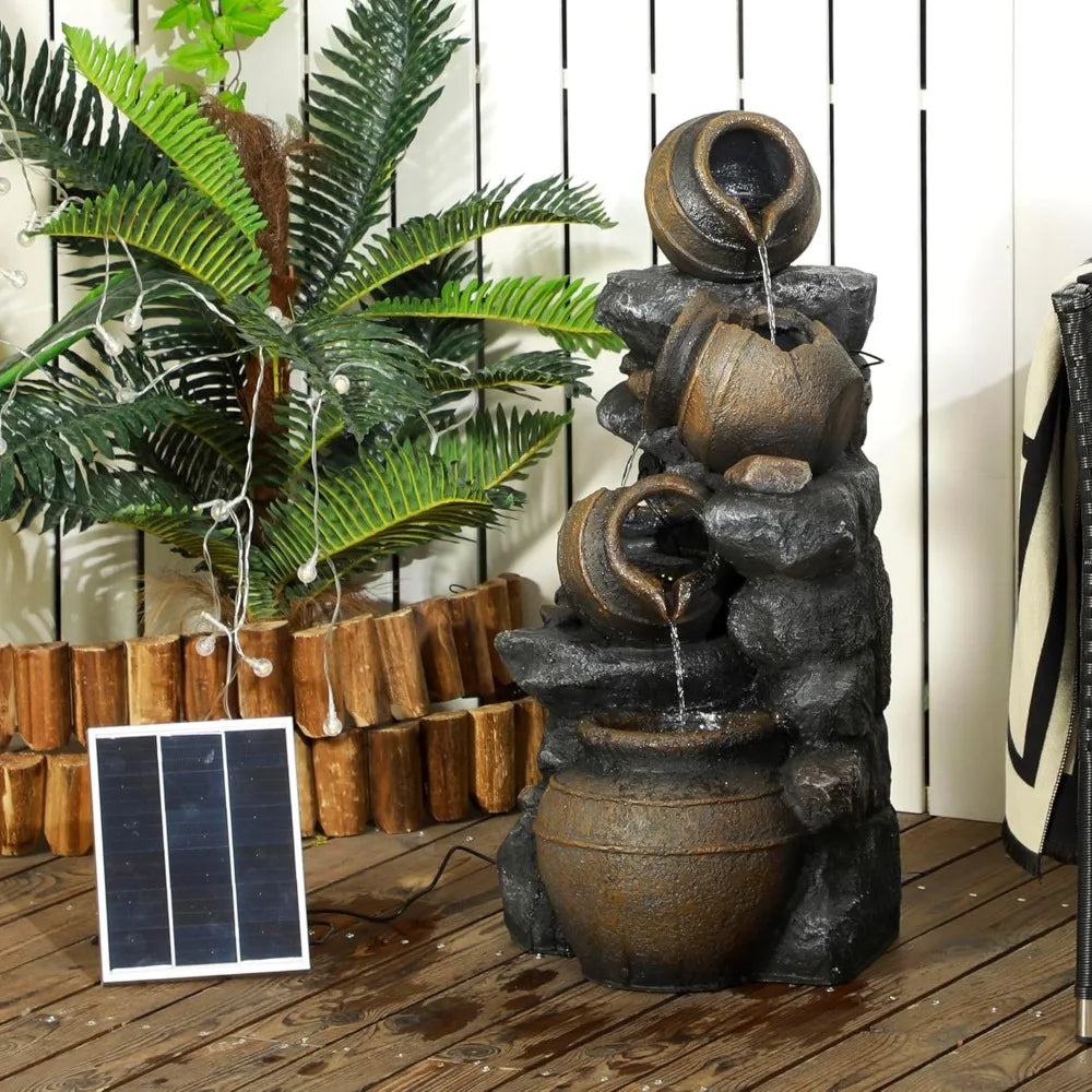 MHSTAR Solar Powered Outdoor Water Fountain Four-Tier Cascading Jars