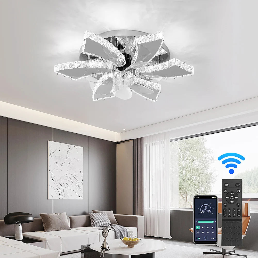 VETRULUS Modern Crystal Chandelier Ceiling Fan With LED Lamp