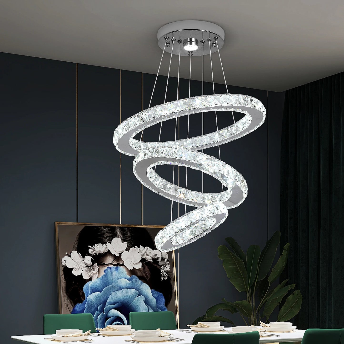 GreeLustr Modern Pendant Chandelier With Crystal Rings LED Ceiling Light