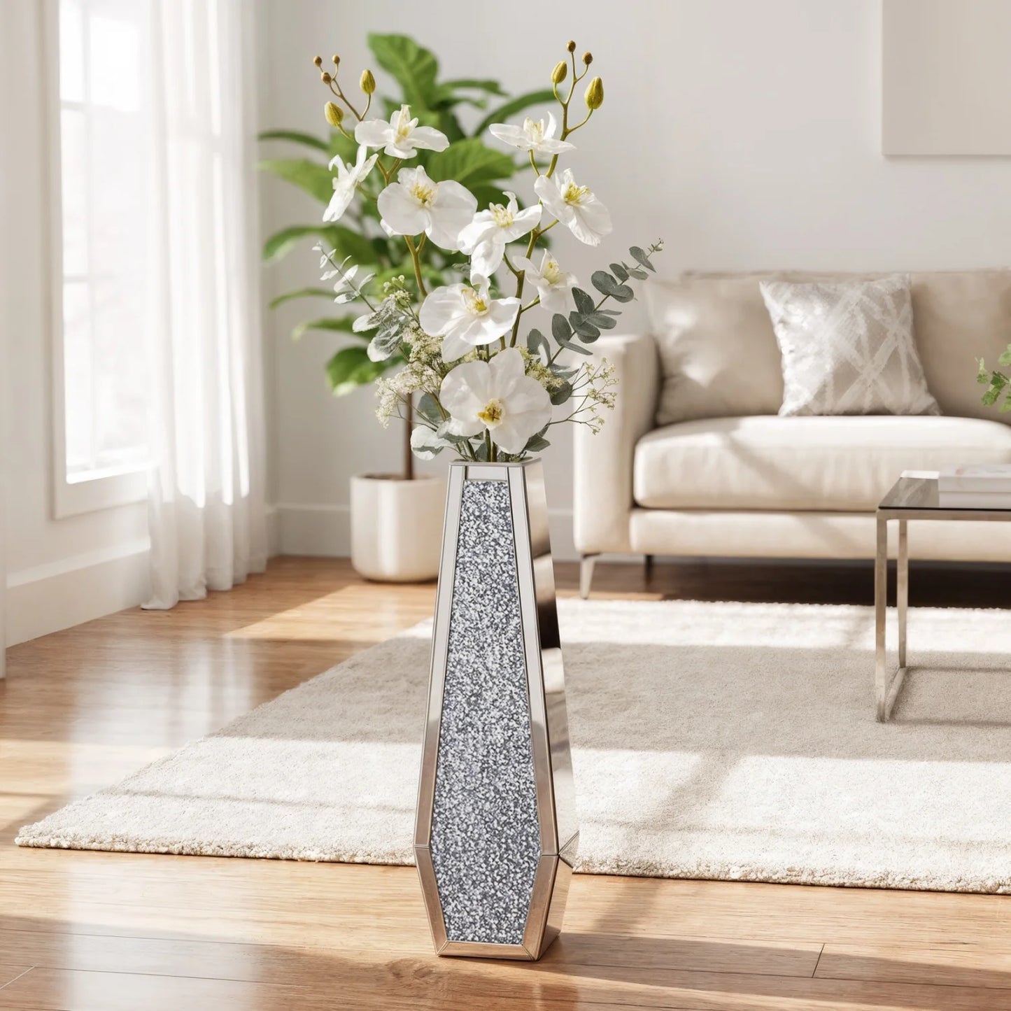 Various Styles Floor Crushed Diamond Mirrored Vase Large Silver Mirror Tall Vases Glass Vases Home Decor for Living Room Bedroom