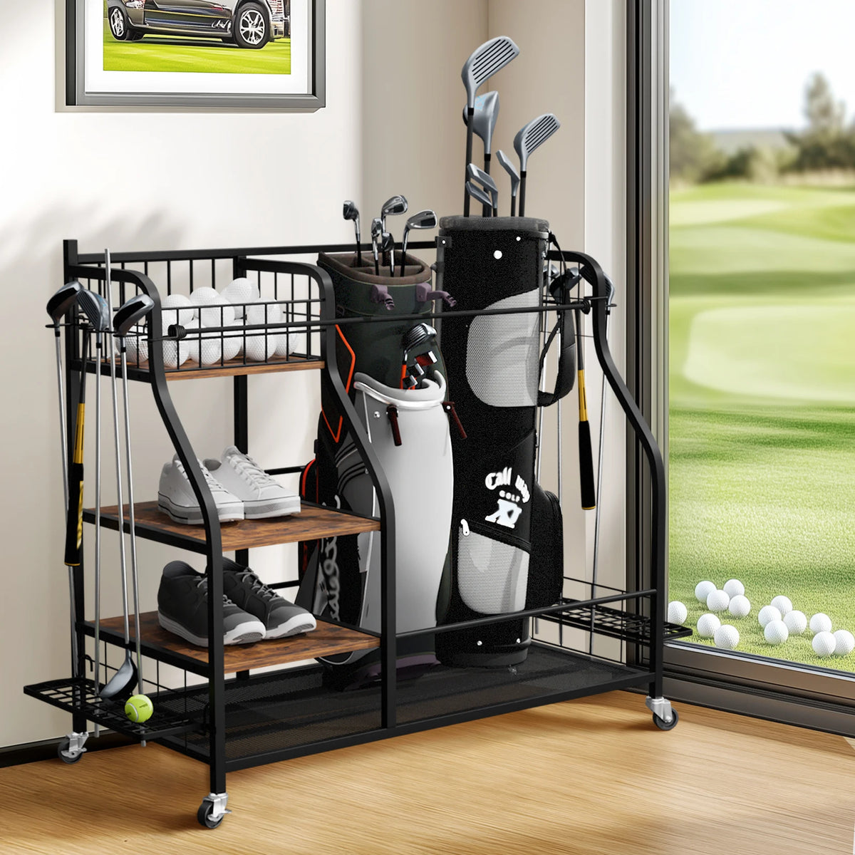 Metal Three Tier Golf Bag Storage Rack With Rolling Wheels
