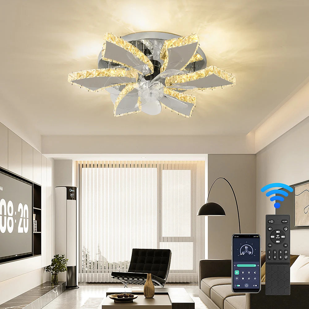 VETRULUS Modern Crystal Chandelier Ceiling Fan With LED Lamp