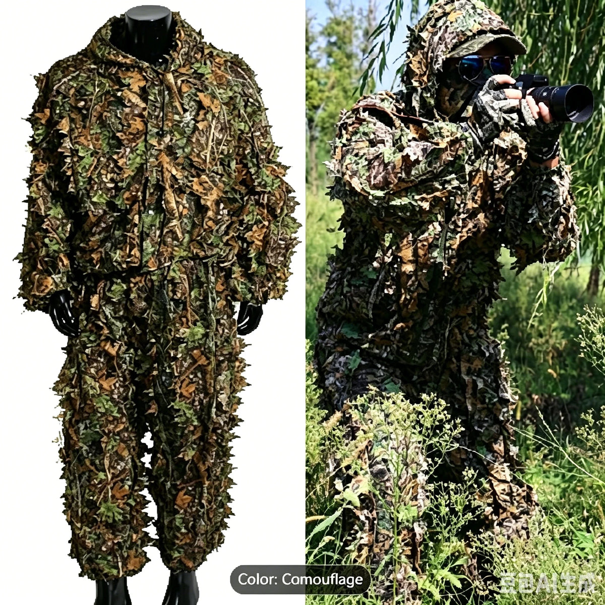 3D Lightweight Ghillie Suit Hooded Camouflage Hunting Clothing