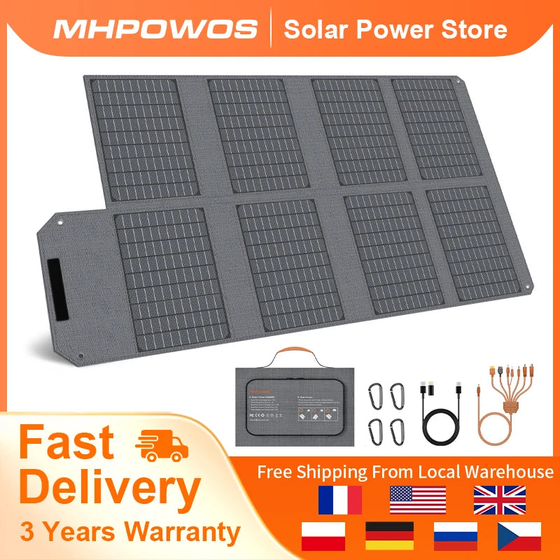 MHPOWOS 80W Foldable Solar Panel Portable Power Bank 4 Ports USB C USB A 7 In 1