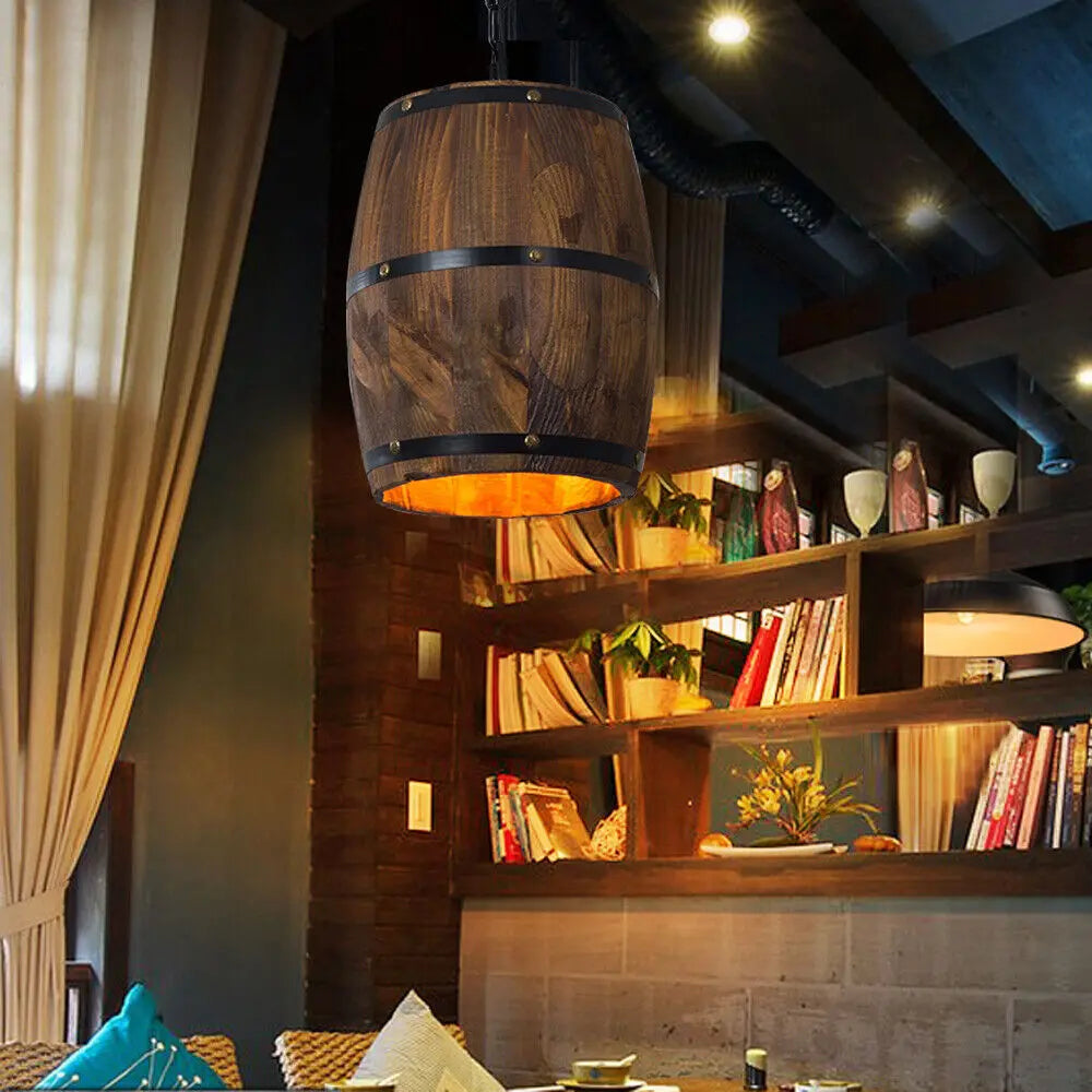 Vintage Wine Barrel Pendant Light Wood Rustic Old West Cafe