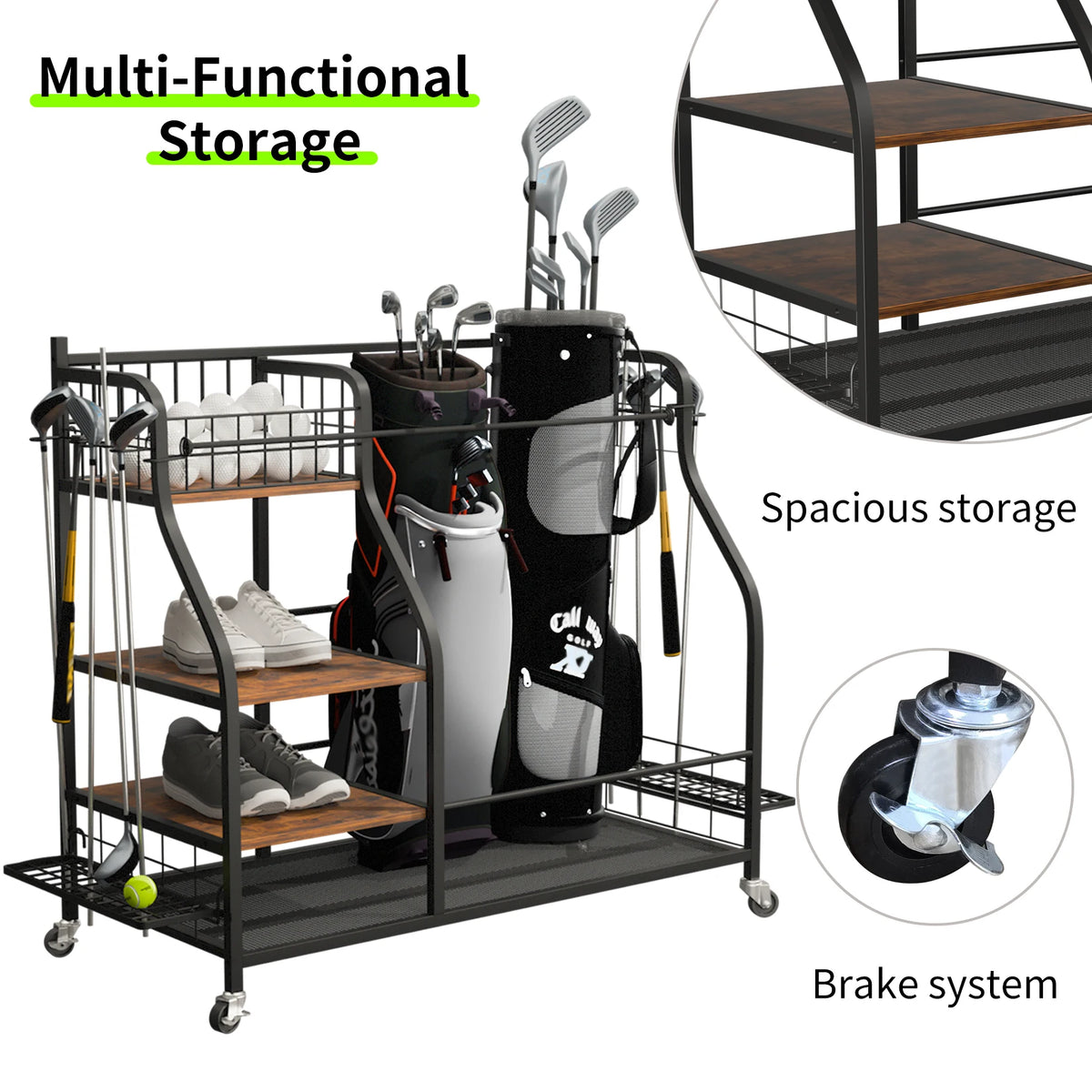 Metal Three Tier Golf Bag Storage Rack With Rolling Wheels