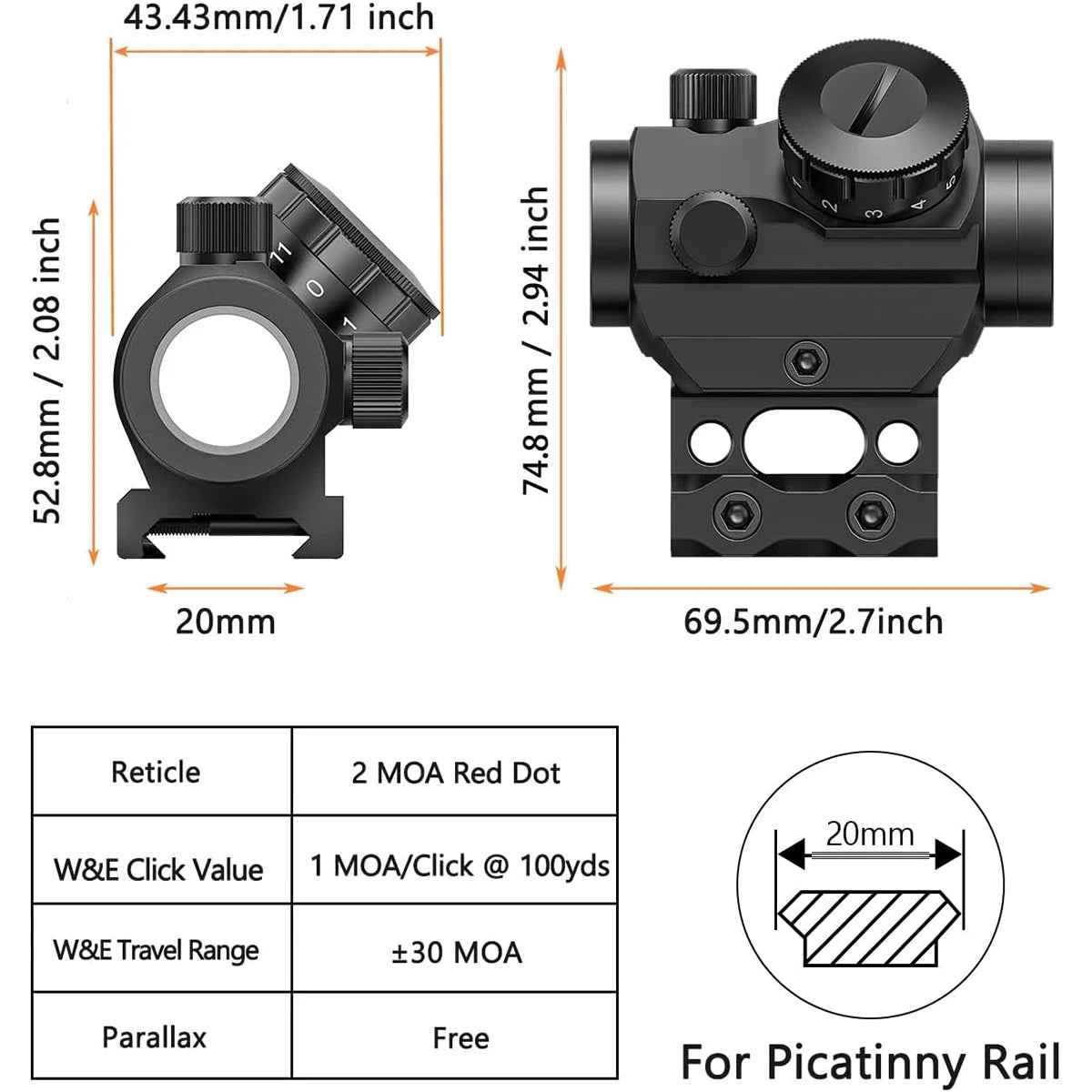 2MOA Red Dot Sight 1x25mm Reflex Sight Waterproof & Shockproof & Fog-Proof Red Dot Scope with 1 inch Riser Mount