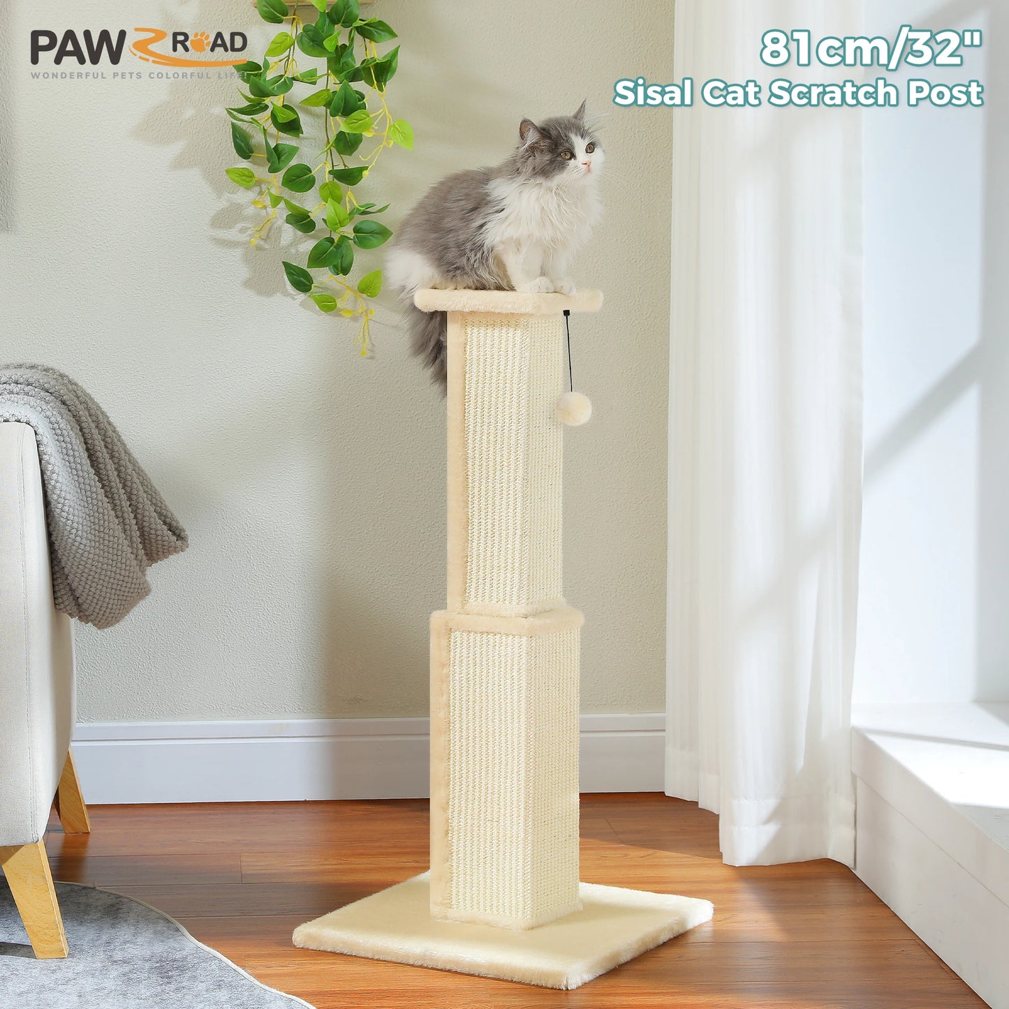 PAWZ Road Cat Scratching Post Indoor Tall With Dangling Sisal Ball