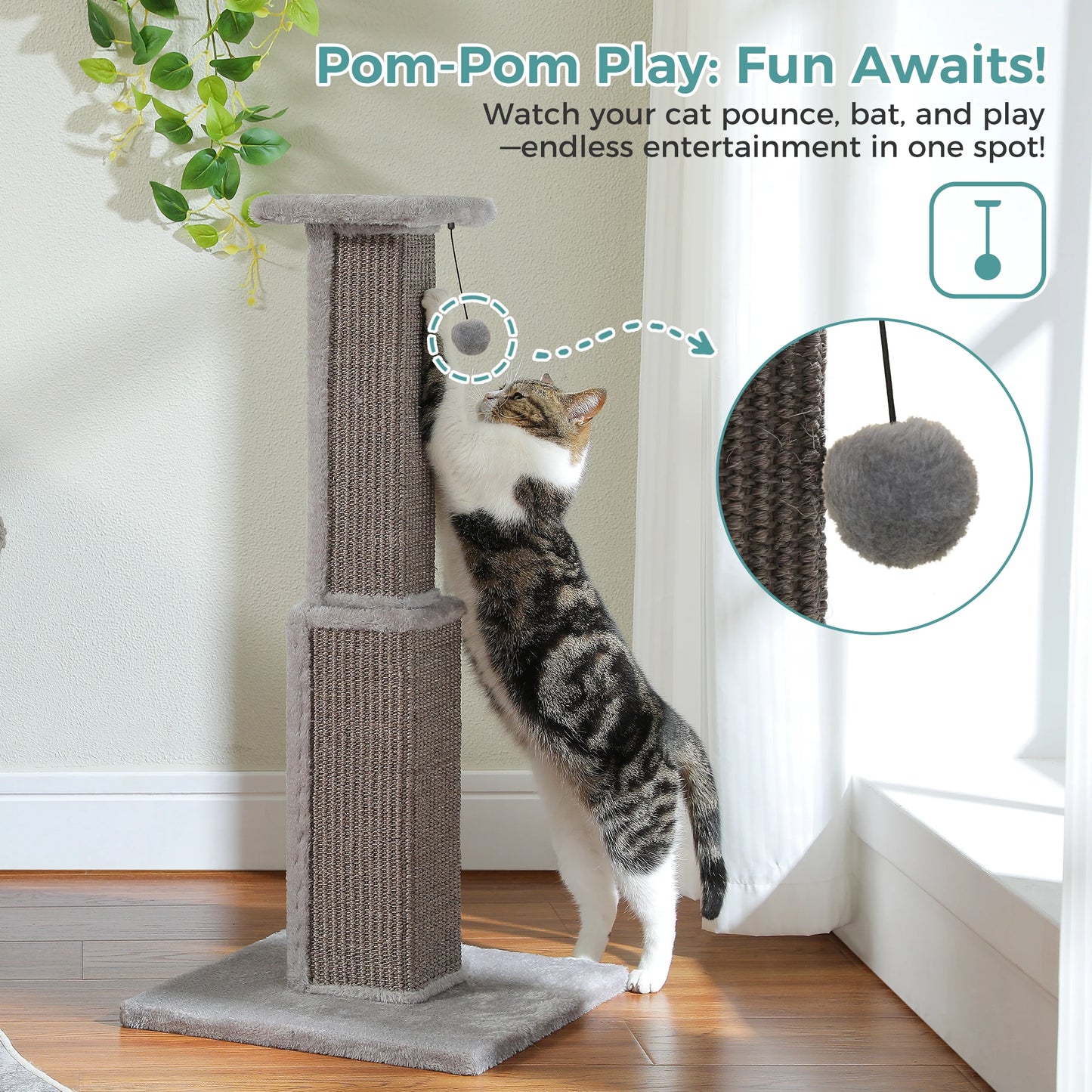 PAWZ Road Cat Scratching Post Indoor Tall With Dangling Sisal Ball