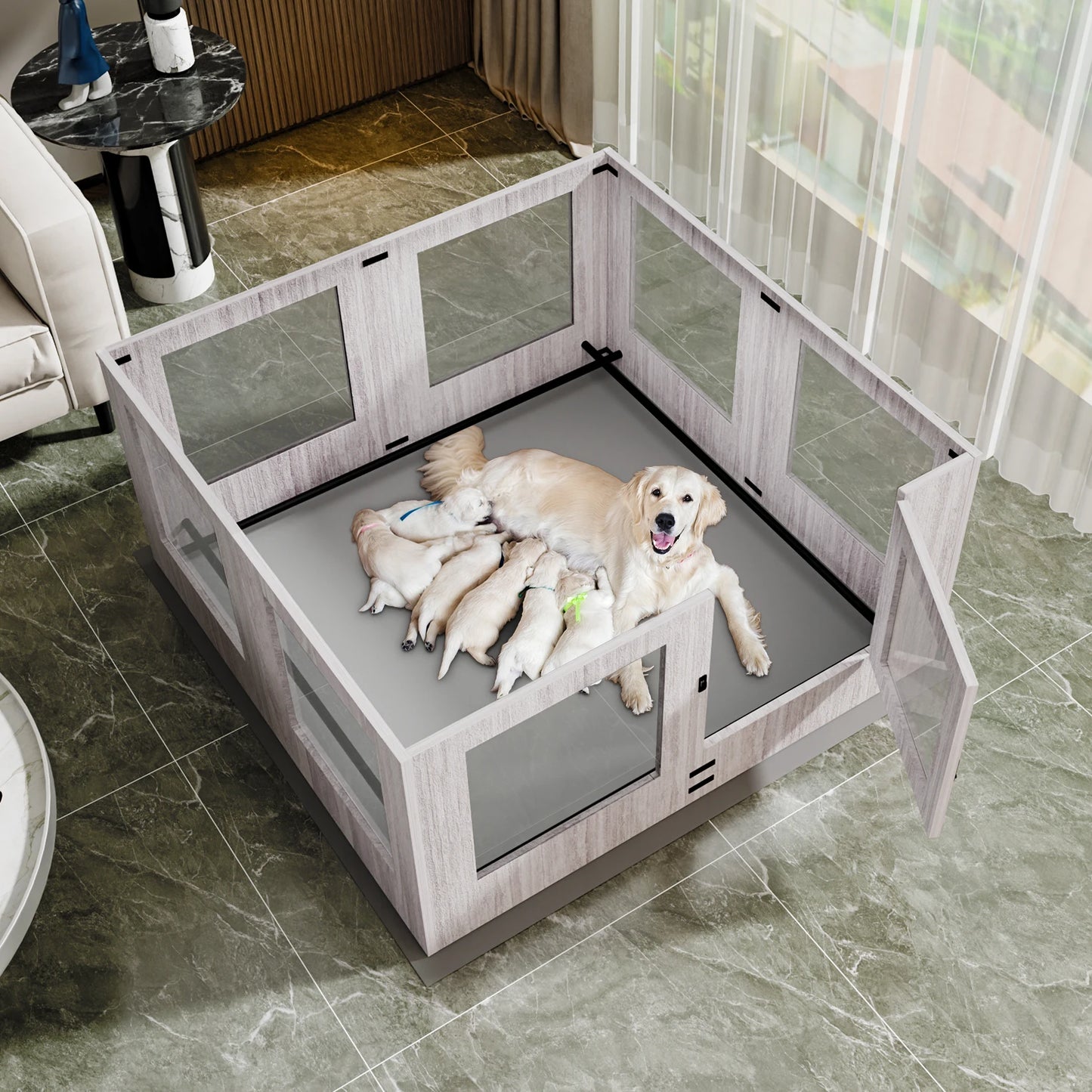 BINGOPAW Tempered Glass Dog Playpen With Waterproof Pad