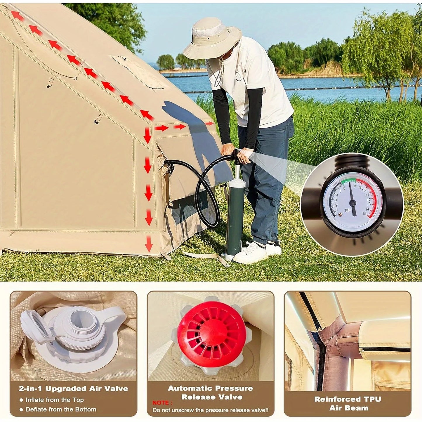 4-6 Person Inflatable Tent - Quick Setup Air Tent with Stove Jack, 420D Oxford (PU2000), 15cm Air Beams, 2 Doors & Windows