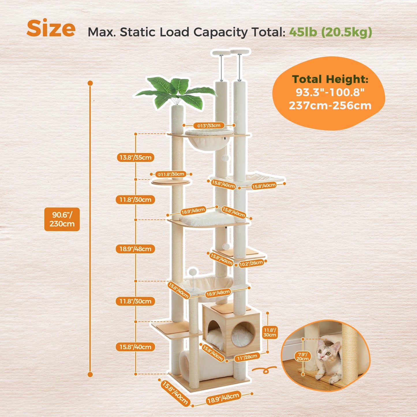 PAWZ Road Height Adjustable Wooden Cat Tree With Hammock Sisal Scratching Posts