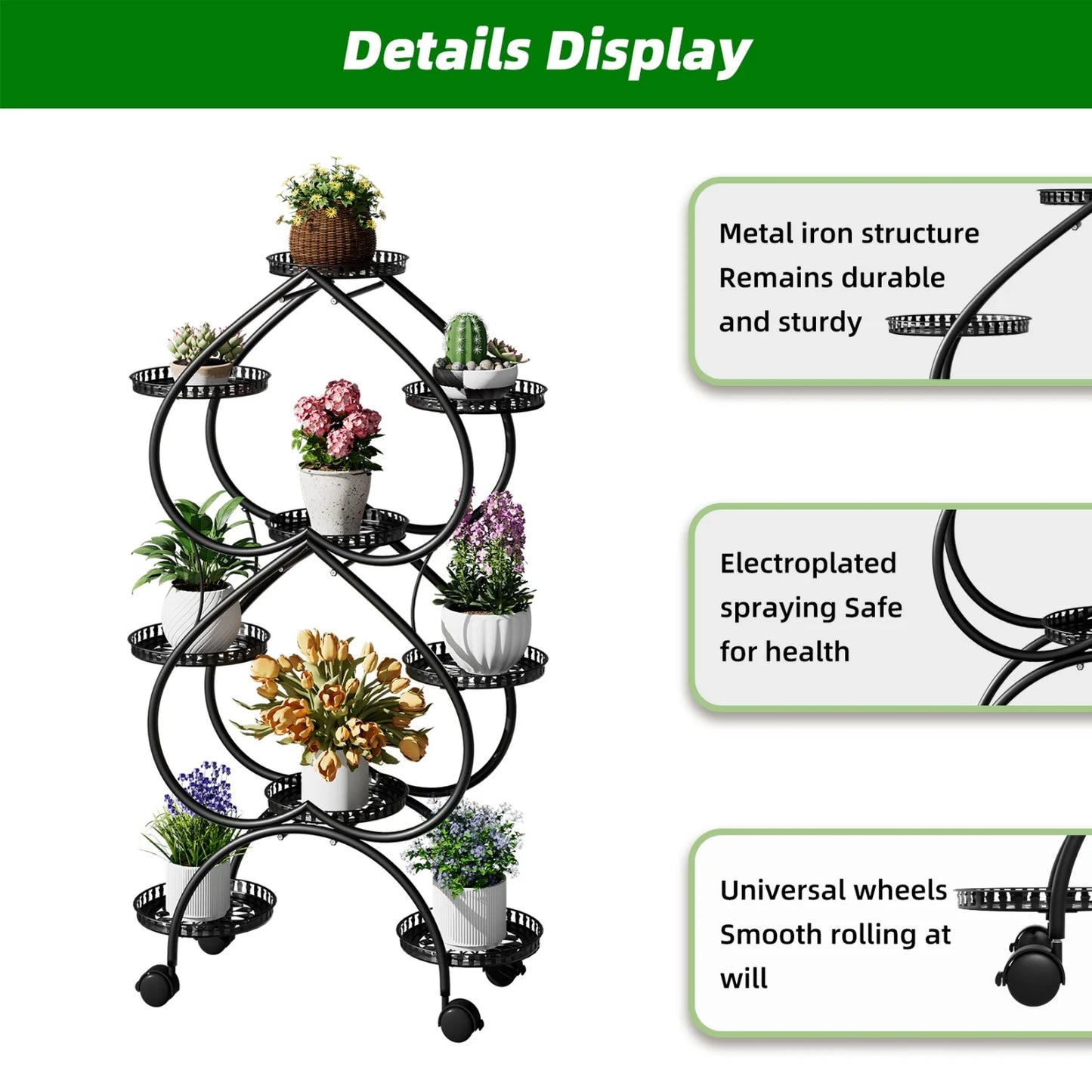 9-Potted Metal Tall Plant Stand with Wheels Flower Pot Display Shelf Rack Holder for Balcony, Backyard, Garden