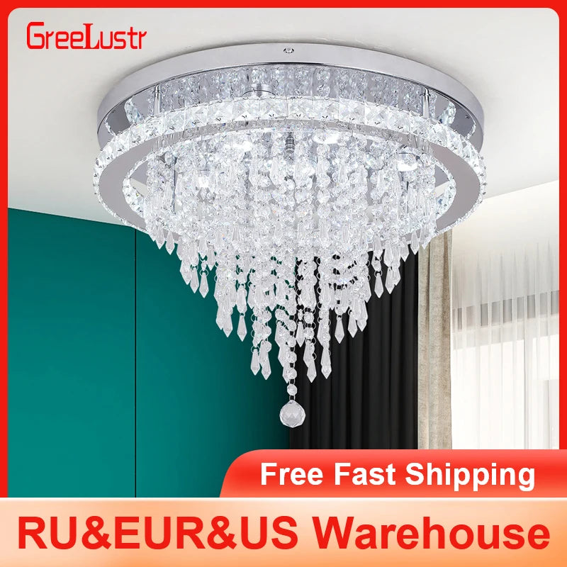 GreeLustr Crystal LED Chandelier Dimmable Living Room Ceiling Light Remote