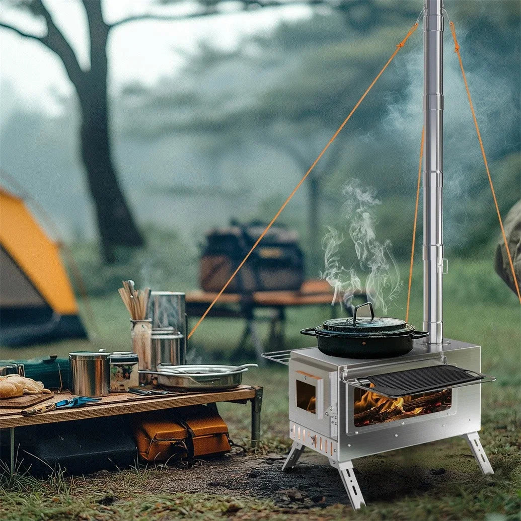 Portable Outdoor Wood Burning Stove With 6 Stainless Chimney Pipes