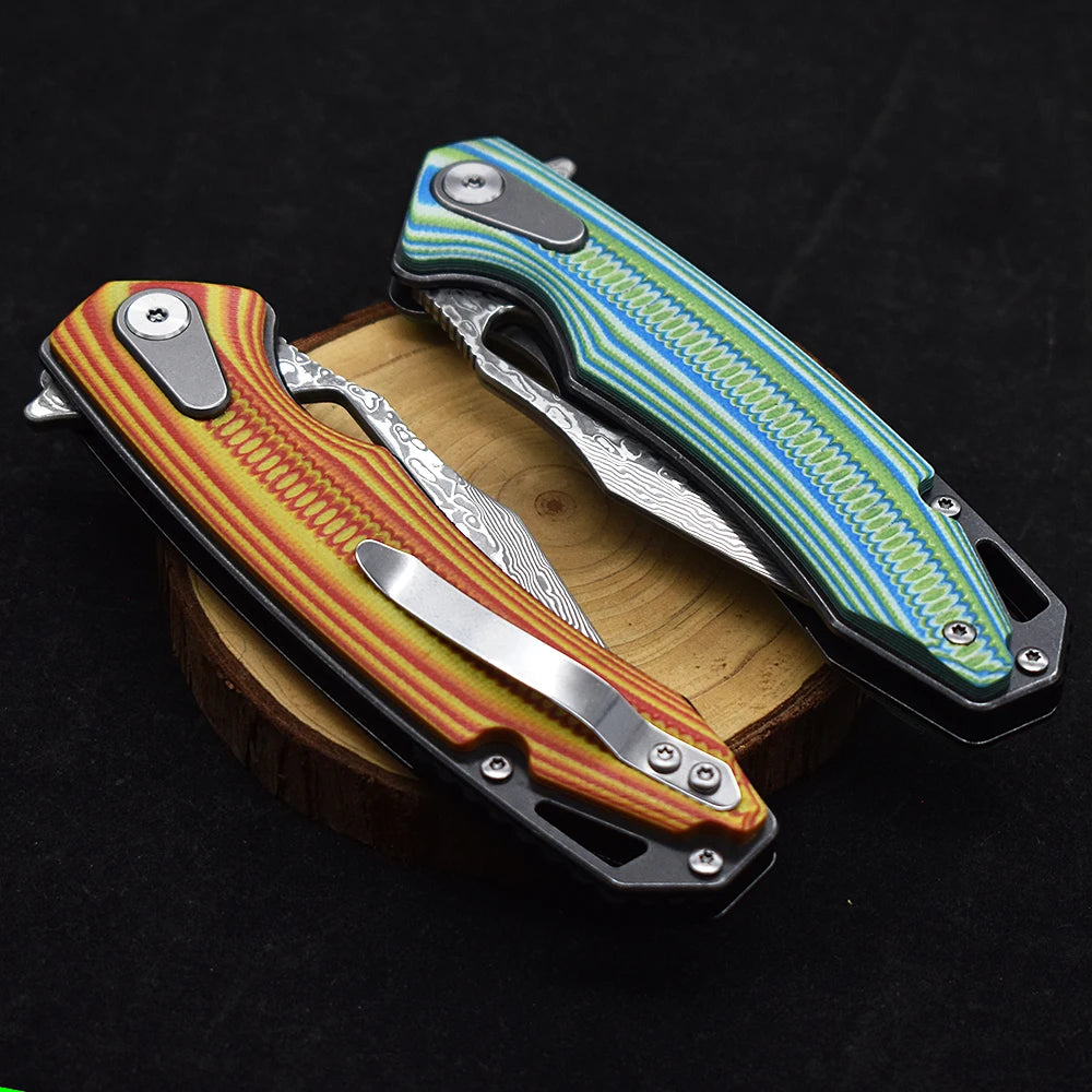 1pcs.Damascus Steel G10 Handle Folding Knife With Back Clip Outdoor Camping Fishing Portable Tools, Collecting Gifts EDC