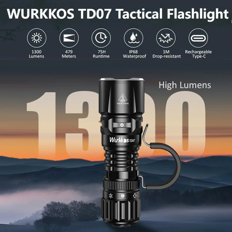 Wurkkos TD07 Tactical Flashlight 1300 Lumens 479m Beam Distance 18350 Battery Dual Switch Ring Grip Police/Everyday Use