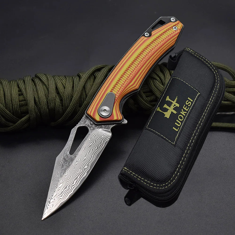 1pcs.Damascus Steel G10 Handle Folding Knife With Back Clip Outdoor Camping Fishing Portable Tools, Collecting Gifts EDC