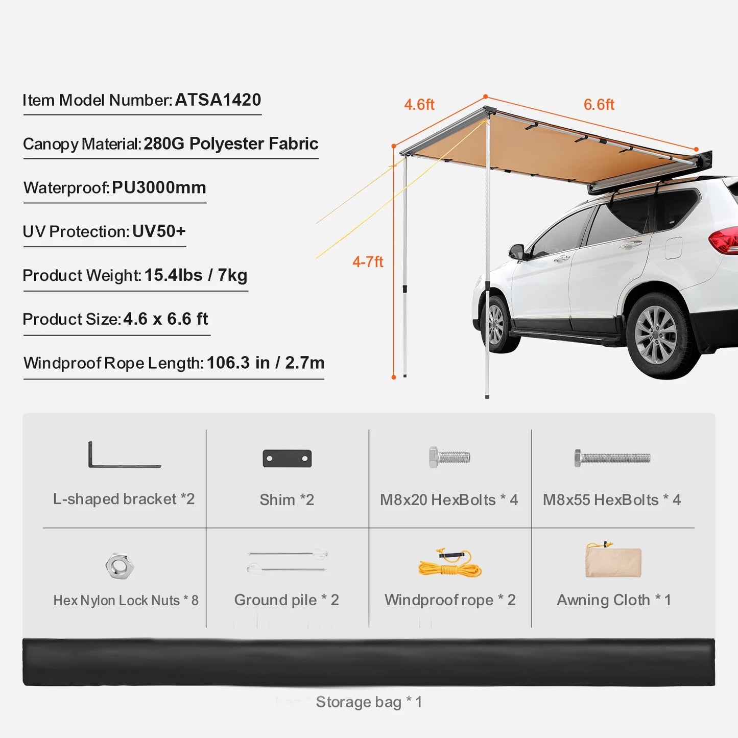 SucceBuy Vehicle Awning  Retractable Car Side Awning Car Awning with Waterproof Storage Bag  Suitable for Truck SUV Van Campers