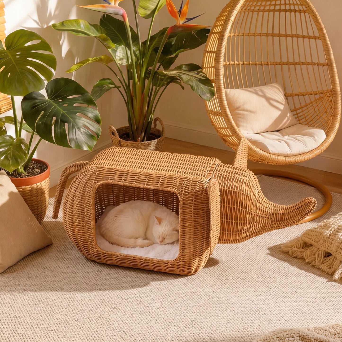 PEQULTI Elephant Rattan Cat Condo Bed Plush Cushioned