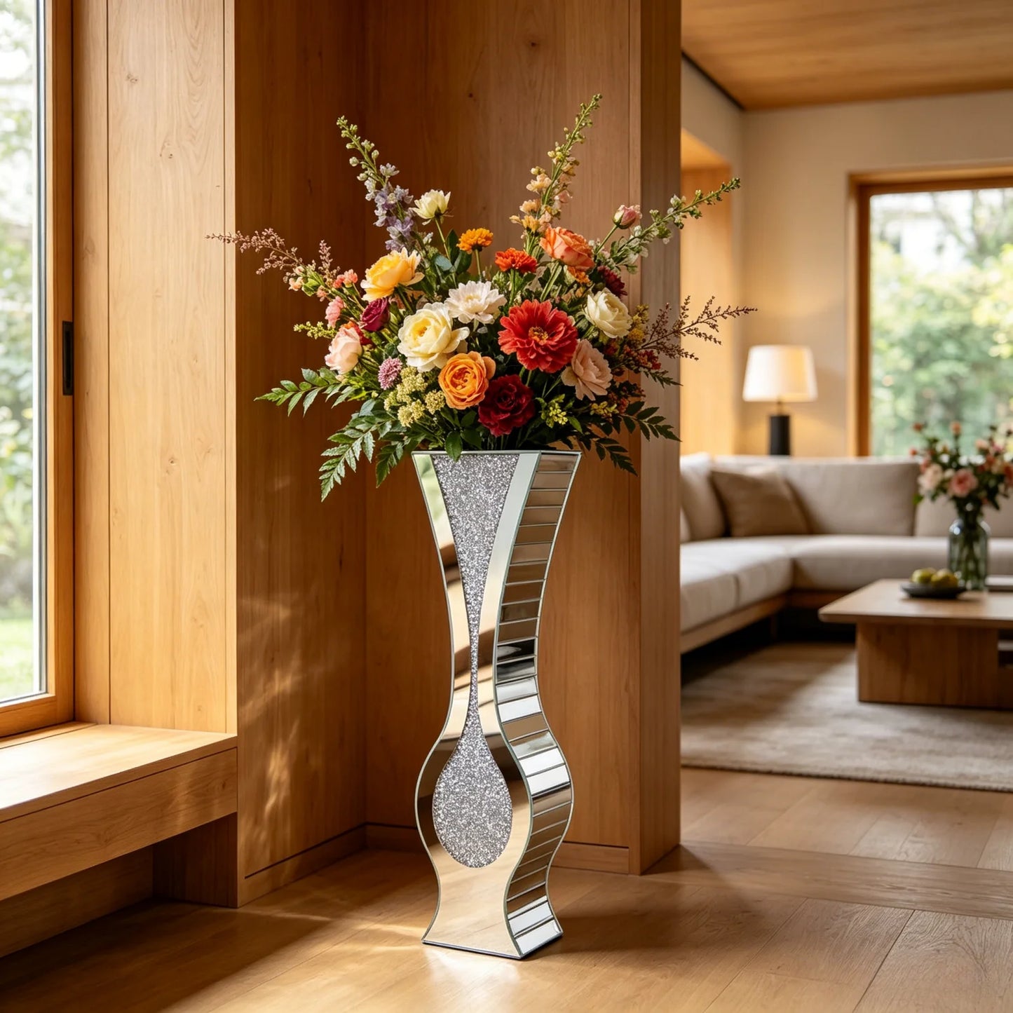Various Styles Floor Crushed Diamond Mirrored Vase Large Silver Mirror Tall Vases Glass Vases Home Decor for Living Room Bedroom